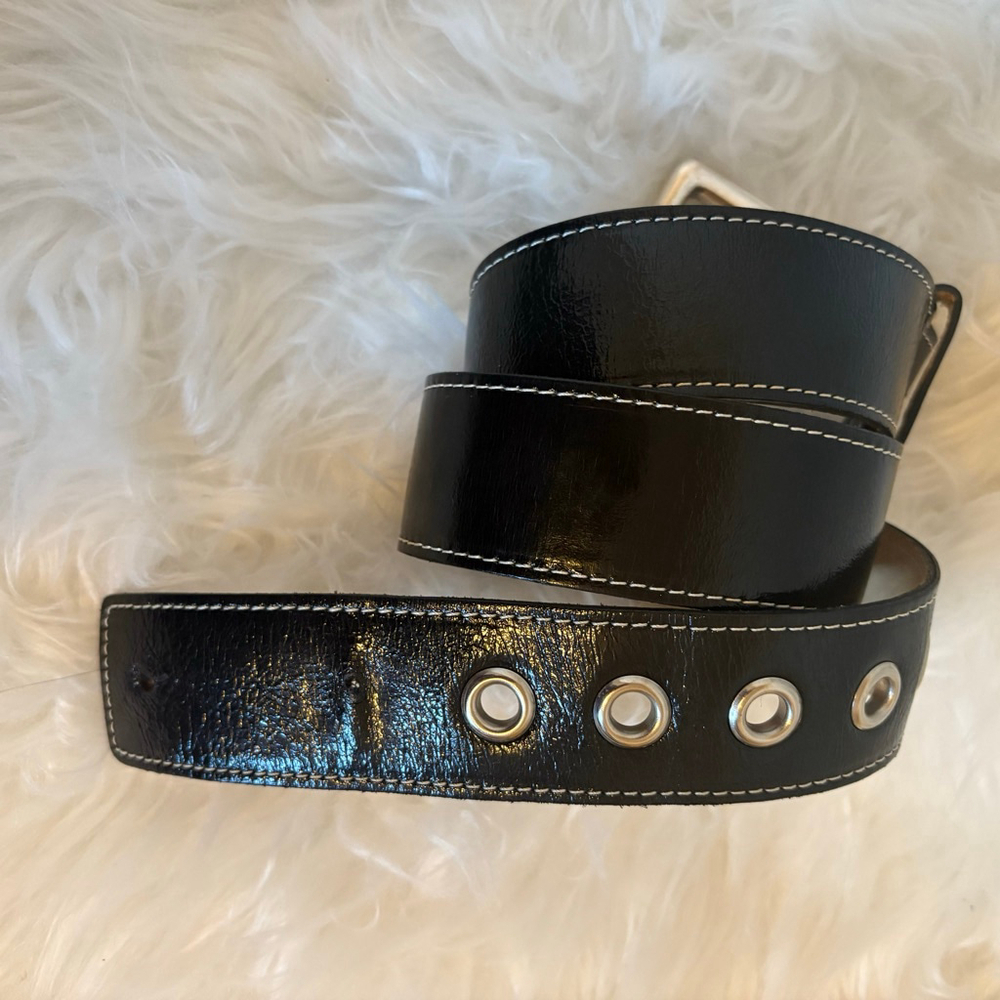 Women's DKNY Small Black White Stitch Leather Glazed Calf Belt Small - Picture 8 of 16